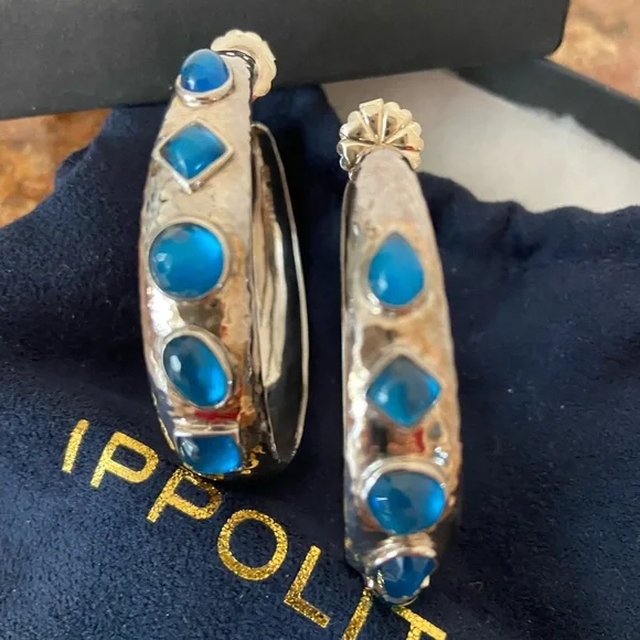 Ippolita Authentic Sterling Silver large hoops blue Topaz🩵